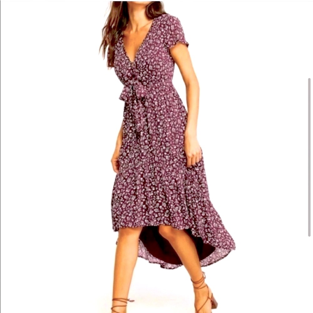Abercrombie & Fitch high to low maroon floral tie front dress